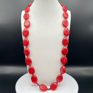 Vintage Red Resin Pebble Bead Necklace Statement Garnet Spacer 14 in Choker